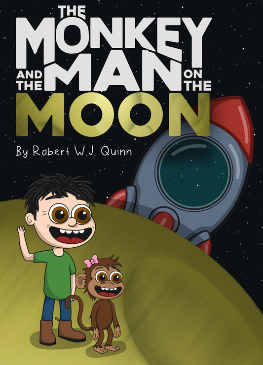 Book cover of 'The Monkey Man on the Moon' with man and monkey characters on a moon surface.